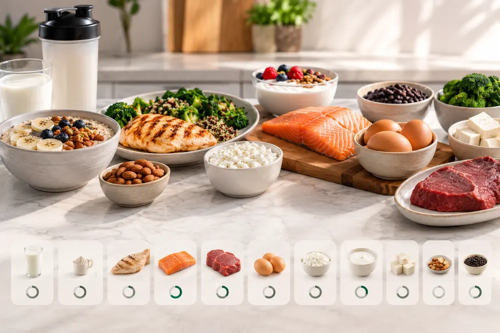 Variedad de alimentos ricos en proteína: pollo, salmón, huevos, legumbres, lácteos y frutos secos